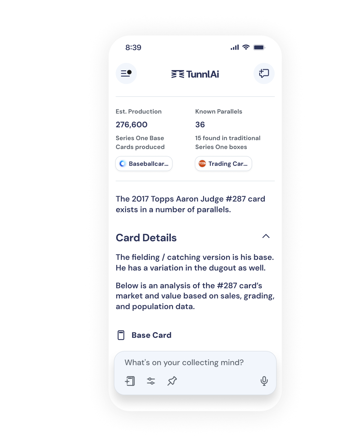 TunnlAi app showing a card research conversation